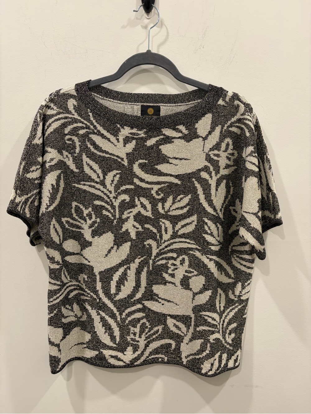 JM Collection Grey Black and Cream Floral Short-Sleeve Sheen Knit Top